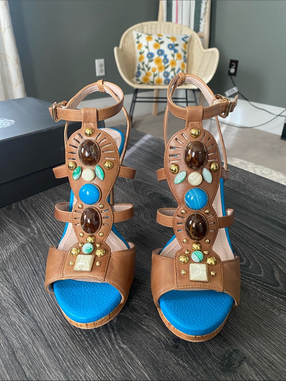 Vince Camuto Brown Leather Jeweled Wedge Sandals with Bright Blue Insole